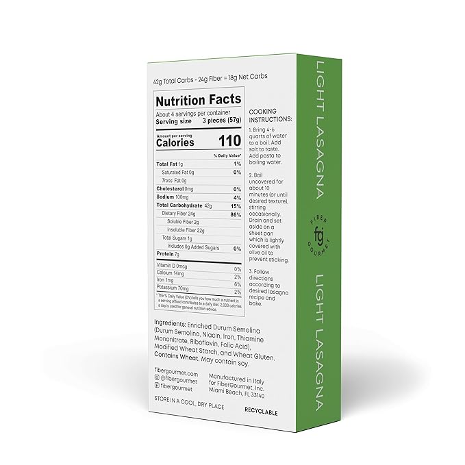 Fiber Gourmet Pasta - Light Lasagna Pasta - Low Net Carb, Fiber-Rich, Low Calorie, Healthy Pasta - Made in Italy, Kosher, Vegan, Non-GMO - 8 Oz, Pack of 6