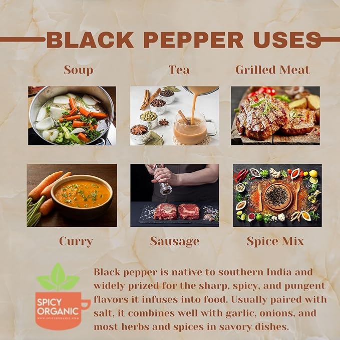SPICY ORGANIC Black Peppercorns ??4 oz - Whole, Fresh, and Spicy Black Pepper for Grinder Refill, Premium Ceylon Quality, USDA Certified Organic, Gluten-Free, and Kosher