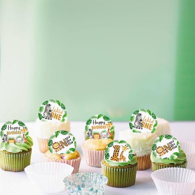 40 PCS Wildlife One Cupcake Toppers Wafer Paper Animal 1st Birthday Decorations Cupcake Toppers for Jungle Safari Animal Theme Baby Shower Kids Birthday Party Cake Decorations