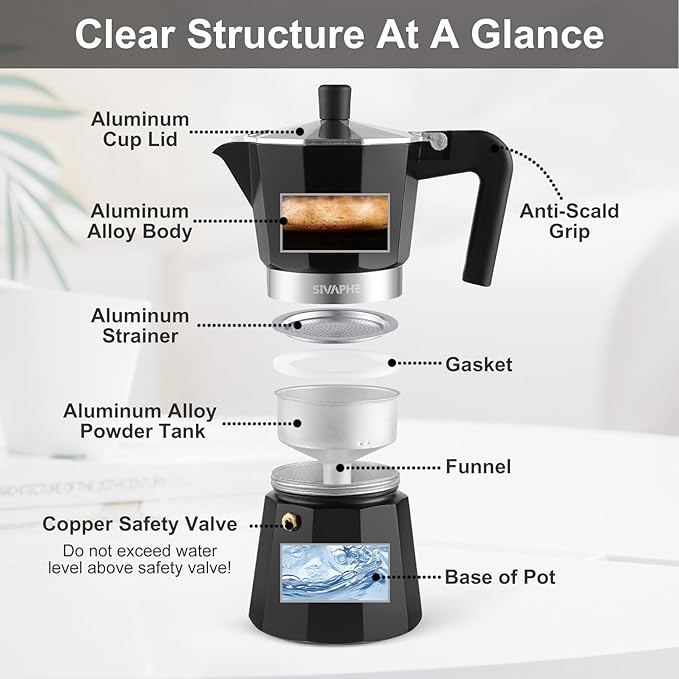 Sivaphe Aluminum Moka Pot 9 Espresso Cups, Percolator Espresso and Coffee Maker, Portable Stovetop Italian and Cuban Cafì±?Brewer for Home and Camping Black