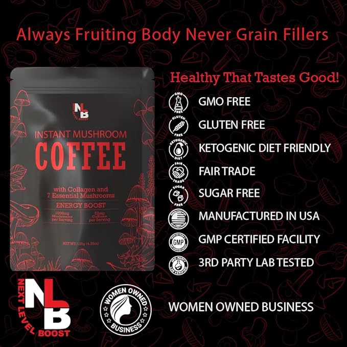 Energy Boost Mushroom Instant Coffee - 135g, 15 Servings Pouch - Healthy Coffee Alternative and Substitute - with Dynamine, Collagen, Lions Mane and Antioxidants