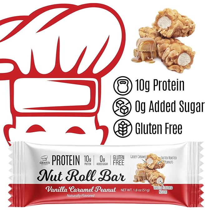 Genius Gourmet Nut Roll Bars Vanilla Caramel Peanut ??10g Protien, Zero Added Sugar, Gluten Free, Non-GMO ??Sweet Snack & Dessert for Adults and Kids ??10 Ct Box