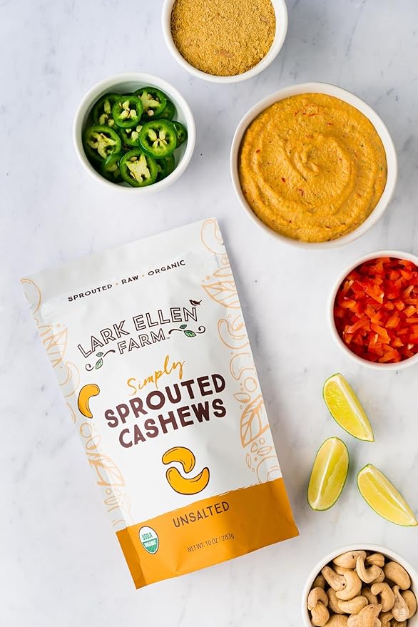 Lark Ellen Farm Whole Cashews, Salted Raw Sprouted Nuts, Certified USDA Organic, Gluten-Free, Vegan Snacks (10 oz, 6 pack)