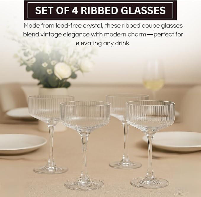 Vintage 4 Pcs Ribbed Coupe Glasses, 11 oz 100% Crystal Coupe Glass Set, Unique Martini Glass, Classic Cocktail Glassware, Bar Drinking Glasses Set Pefect for Cocktail, Wine, Champagne, Espresso Gift