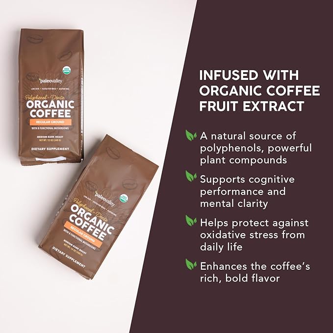 Paleovalley Organic Ground Coffee, 10 oz - Regular, Low Acid, Single-Origin, Polyphenol-Rich, Infused with Mushrooms & Coffee Fruit Extract