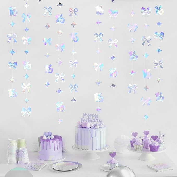 Iridescent 16th Bow Birthday Decorations Metallic Conquette Bow Garland Streamer Banner Backdrop for Girls Boys Happy 16th Birthday Sweet Sixteen Cheers to 16 Years Old Anniversary Party Supplies