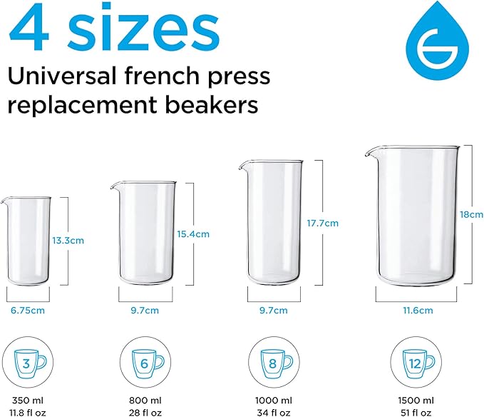 GROSCHE Borosilicate 3.3 Glass Universal Replacement Beaker for French Press Coffee and Tea Makers - Enhanced Coffee and Tea Brewing Experience (34.oz - Medium)
