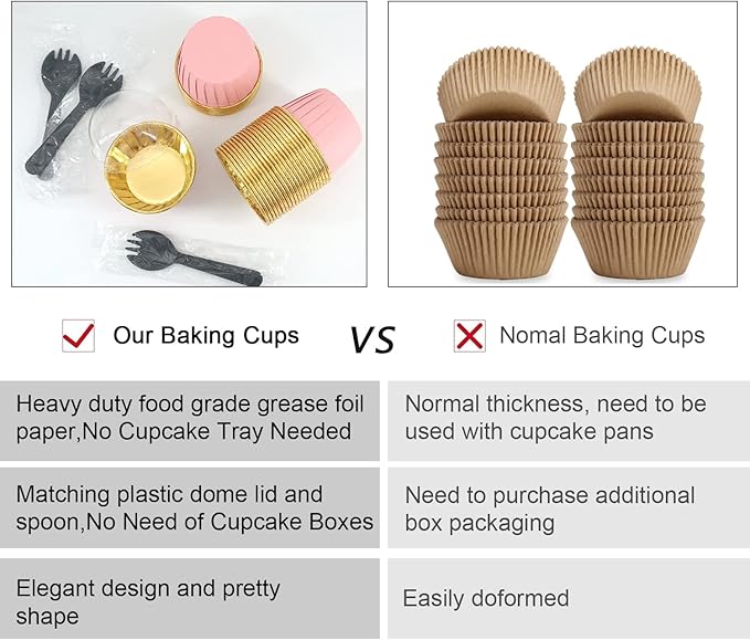 Cupcake Liners for Baking 100Pack,Free-Air 3.5Oz Foil Baking Cups with Dome Lids,Disposable Muffin Tins Muffin Cups for Wedding Birthday Party, with Spoons-Pink in gold