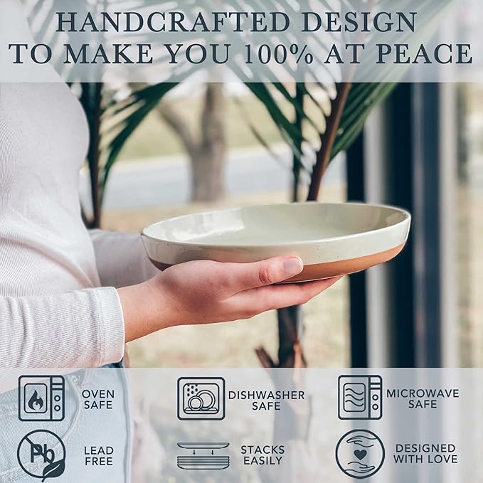 Mora Ceramic Flat Pasta Bowl Set of 4-35oz, Microwave Safe Plate with High Edge for Kitchen and Eating, Large Wide Bowls/Plates for Serving Dinner, Salad, etc- Neutrals