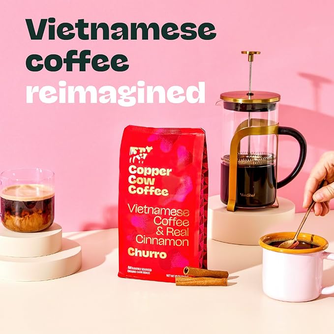 Copper Cow Premium Vietnamese Ground Coffee, 10 OZ | Churro Flavored Coffee | Dark Roast Made with Real Cinnamon | Vietnamese Coffee