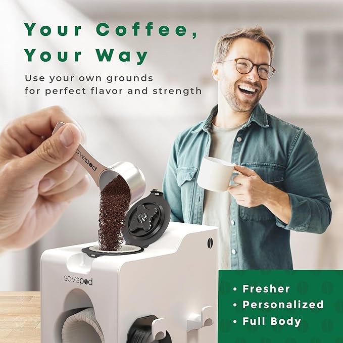 SavePod High-Performance Reusable Coffee Pods, Compatible with Keurig and K-Cup Coffee Machines, Easy to Use & Convenient ??Fits Most Brewers ??Includes Scoop, 2 Rings & 100 Paper Filters (White)