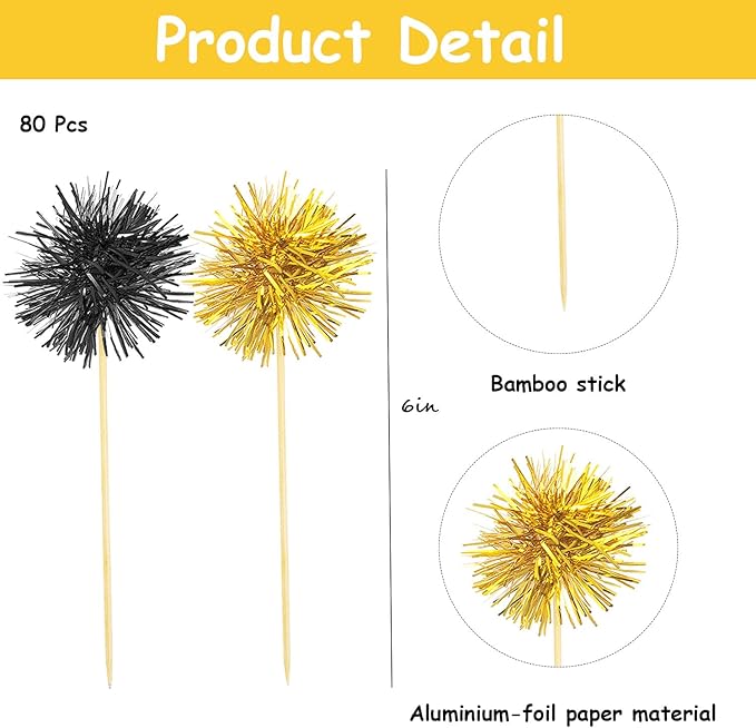 80 Pcs Firework Cupcake Topper Gold Graduation Cake Decorations Foil Frill Toothpicks for Party Decoration, Cake Toppers, Picnics, Bar, Birthday, Holiday (Black, Gold)