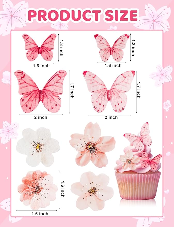 90PCS Wafer Paper Flowers Butterfly Cupcake Toppers, Cherry Blossom Cake Topper for Baby Shower Wedding Birthday Party Cake Food Decorations Supplie