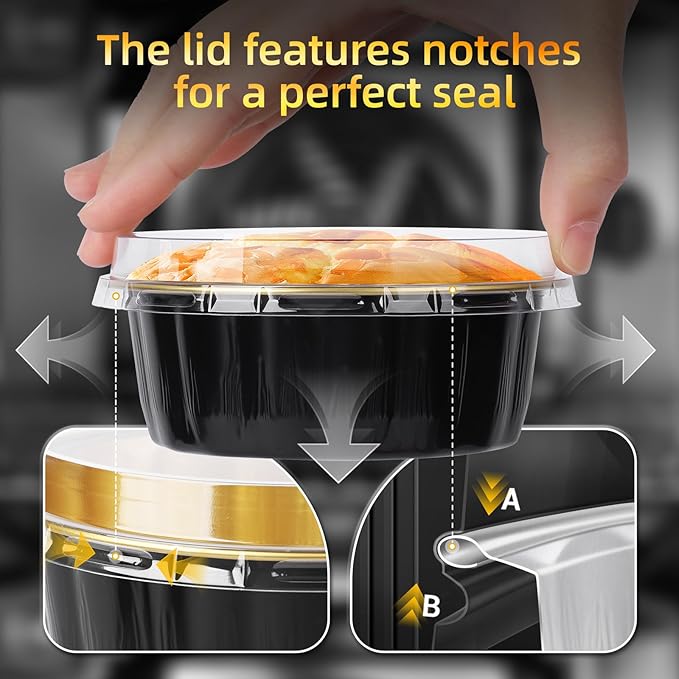 Beasea Creme Brulee Disposable Ramekins with Lids, 120 Pack 8 oz 4 Inch Mini Aluminum Foil Baking Cups Black Gold Small Round Cupcake Tart Pie Tins Pans Individual Containers Oven Safe for Baking