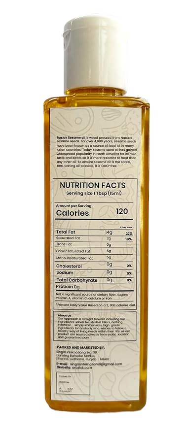 Raslok Pure Natural Sesame Oil 7 Ounces) | Extra virgin | Wood Pressed |For Toasting Coooking | Indian Tasty Twist |