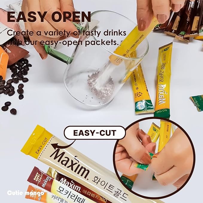 Korean Instant Coffee Mix Variety 20 Sticks (4 Types) Maxim Instant Single Serve Mocha White Decaf Original Flavors (5 Sticks Each)