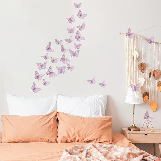 72 Pcs Butterfly Decorations, 3 Sizes 3 Styles, 3D Butterfly Wall Decor, Party Decorations, Birthday Decorations, Butterflies for Crafts, Cake Decorating, Wall Stickers Room Decor, Pale Plum