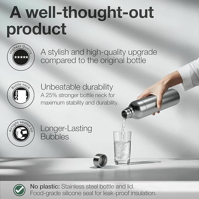 Premium 33 oz Stainless Steel Bottle - Compatible with Sodastream Art, Duo, Enso, Terra (not Aqua Fizz), Aarke Carbonator 3 | No expiration date | Dishwasher safe | Bpa-free