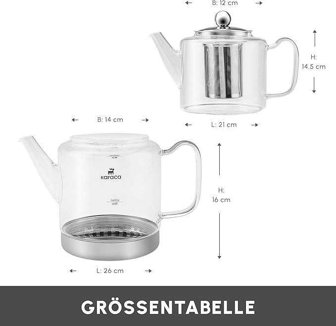 Karaca Dora Teapot Set, Glass, Tea Pot 1 L/33 oz, Kettle 2 L/66 oz Silver, Transparent, Tea Maker, Kettle, Turkish Tea Kettle, Tea Maker, XLarge, Suitable for Induction