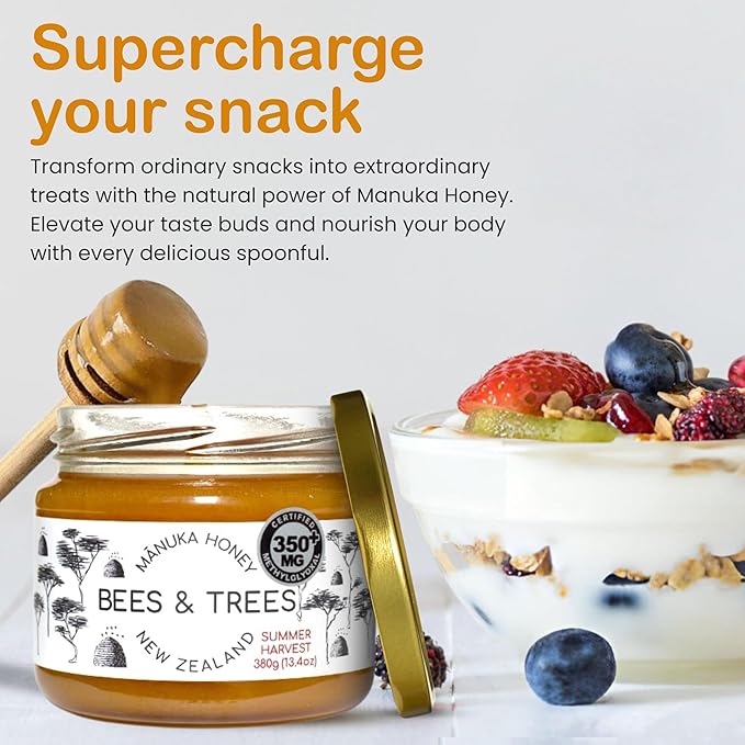Bees & Trees Manuka Honey 350+ MGO – Pure New Zealand Raw Monofloral Honey – Unpasteurized & Natural – 380g (13.4oz) Glass Jar – Perfect for Coffee, Tea & Daily Wellness