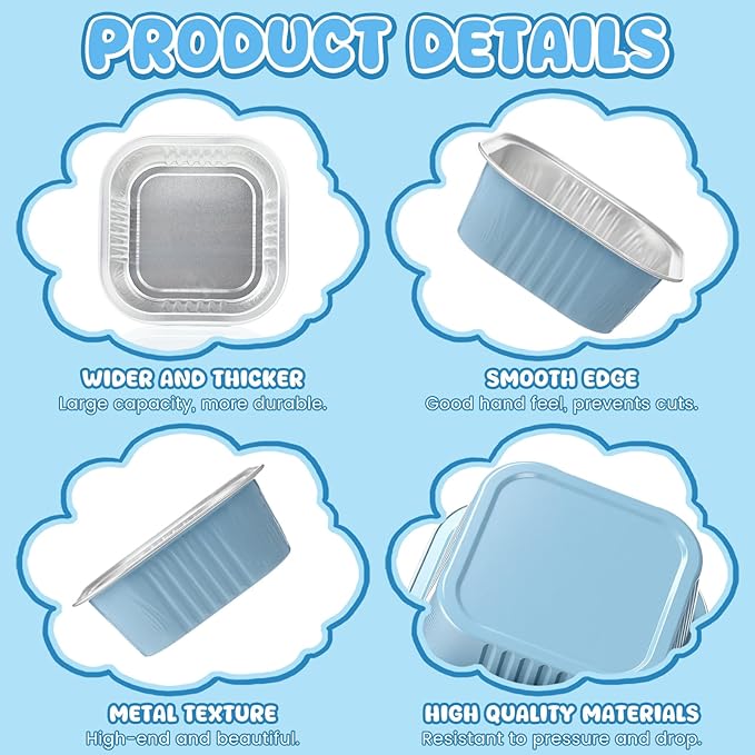 Aoriher 150 Pieces 10 oz Mini Cake Pans with Lids Aluminum Foil Baking Cups Square Disposable 4" x 4" Large Cupcake Cups Baking Tins for Kitchen Brownie Pudding Desserts Holders(Sky Blue)