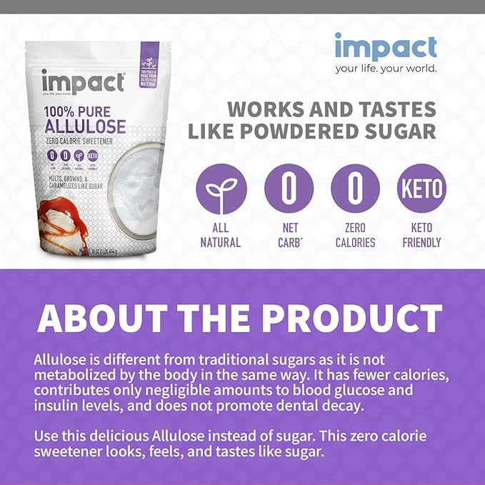 Impact - Pure Allulose Sweetener Sugar Substitute - Zero Calorie Blend, Low-Carb, For Coffee, Tea, Baking, Guilt-Free Indulgence - 1lb