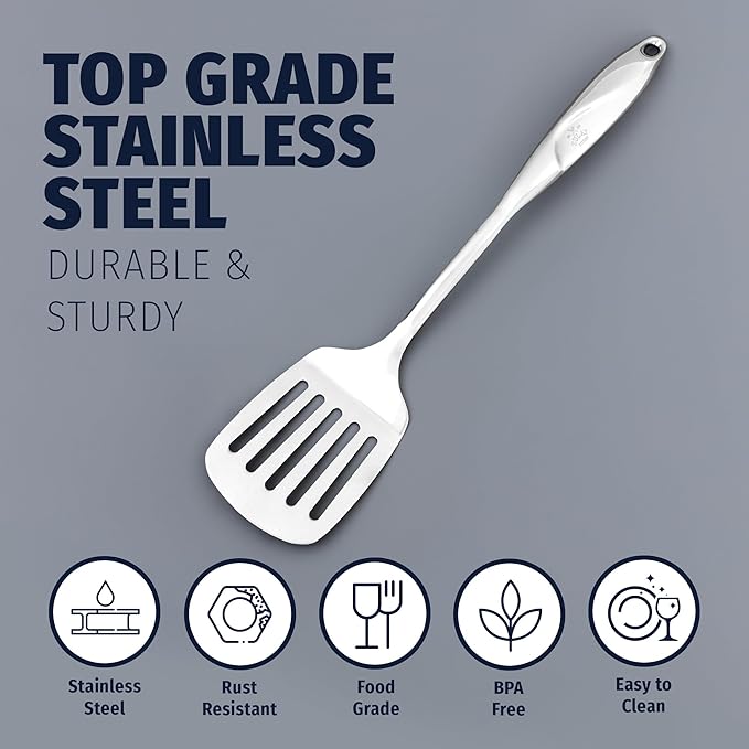 Zulay Kitchen Stainless Steel Metal Spatula ??Lightweight, Strong & Durable Metal Turner ??Easy to Use, Comfortable Grip, Heat Resistant & Dishwasher Safe ??Perfect for Home Cooks & Chefs (14.8")