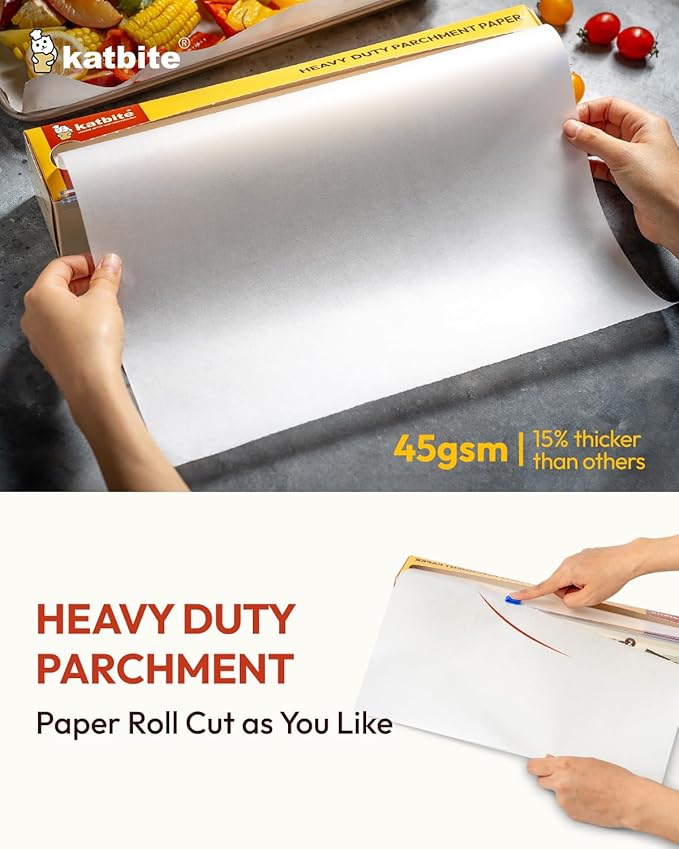 Katbite Heavy Duty Parchment Paper Roll for Baking, 12 in x 524 ft Non-Stick Baking Paper for Cooking, Baking Cookies, Grilling, Air Fryer and Steaming
