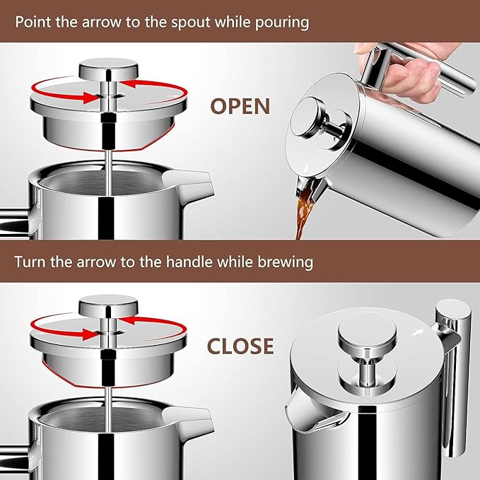 French Press Coffee Maker 3-Level Filtration Double-Walled 6MM Vacuum Insulated Keep Hot 2 Hours for Travel 32oz Polished Stainless Steel
