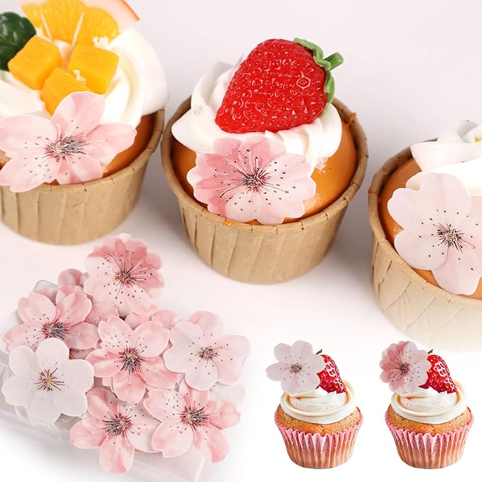50pcs Edible Flowers Cake Decorations ??Flower Cupcake Toppers, Edible Flowers Cherry Blossoms Cake Topper Cupcake Toppers Decorations for Wedding Birthday Party