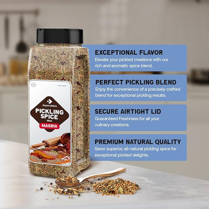 Dependable Foods Pickling Spice - 10 oz. Jar - Easy Dispensing Lid – Kosher, Non-GMO Pickling Spice Mix for Vegetables, Canning Pickles, & More