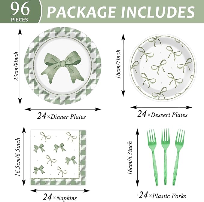 96Pcs Green Plaid Bow Plates and Napkins Coquette Party Decorations Bow Theme Dessert Paper Plates Napkins Forks Birthday Tableware Set for 24 Guests Girls Boys Baby Shower Picnic BBQ Party Suppliess