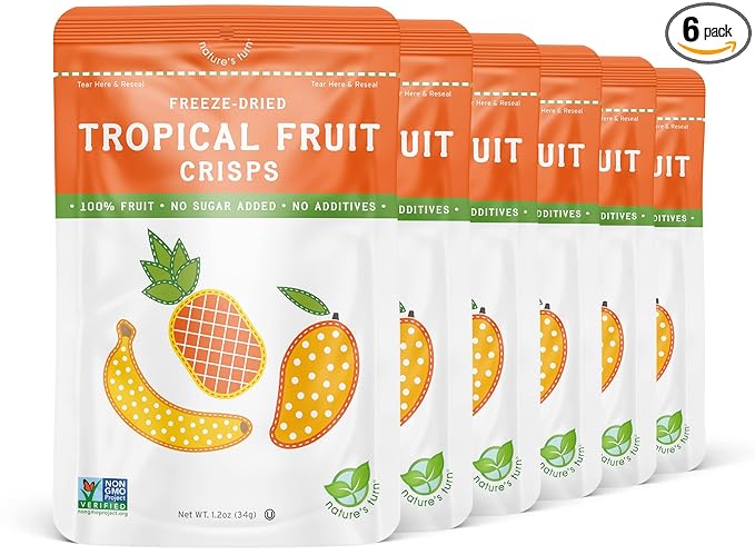 Nature's Turn Freeze-Dried Fruit Snacks, Tropical Crisps, Pack of 6 (1.2 oz Each)