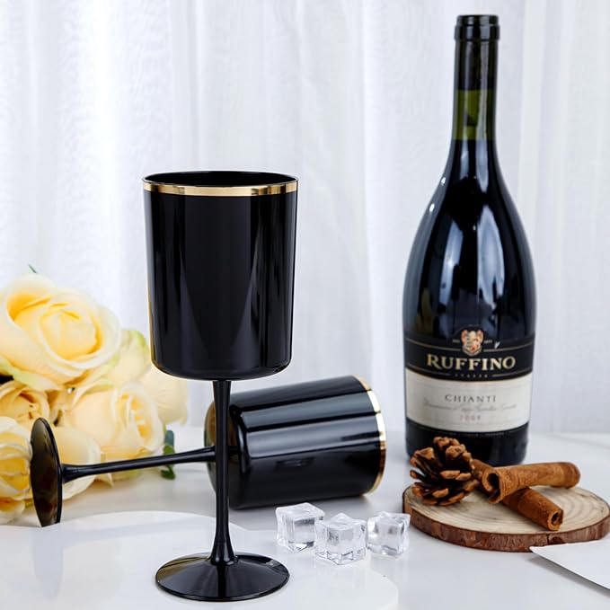 Ciaell 12 Pack 10 OZ Black Plastic Wine Glasses with Stem - Black and Gold Disposable Wine Glasses Perfect for Parties & Weddings & Toasting & Outdoors & Camping & Halloween