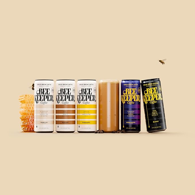 Beekeeper Coffee Cold Brew with Oregon Honey, Mixed Variety Pack, 8 fl oz Cans (Pack of 12), Ready-to-Drink Black, Caramel, Mocha & Vanilla Lattes