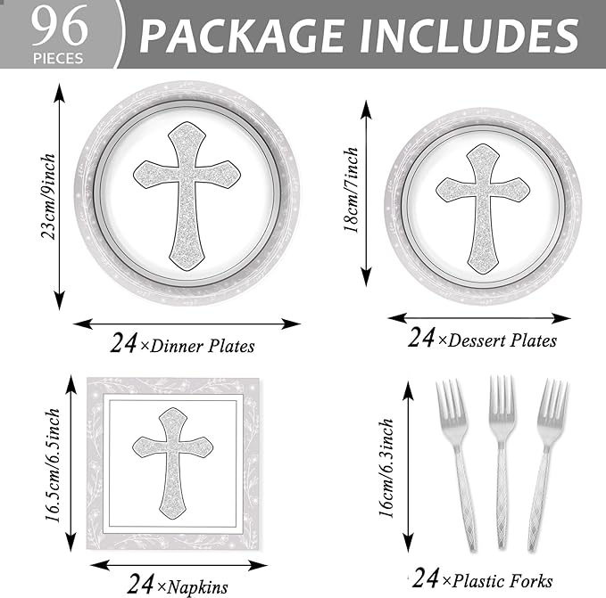 96Pcs Baptism Cross Plates and Napkins First Holy Communion Birthday Party Decorations Gray Religious Christening Ceremony Dessert Plates Tableware Set for 24 Guests Cross Baptism Party Supplies