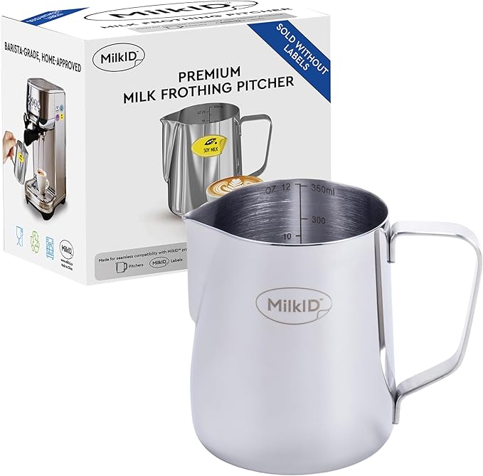 Stainless Steel Milk Frothing Pitcher | Compatible with MilkID Labeling System | Espresso Accessories Kit | Barista Tools | Latte Art Pitcher (12 oz/Pitcher only)