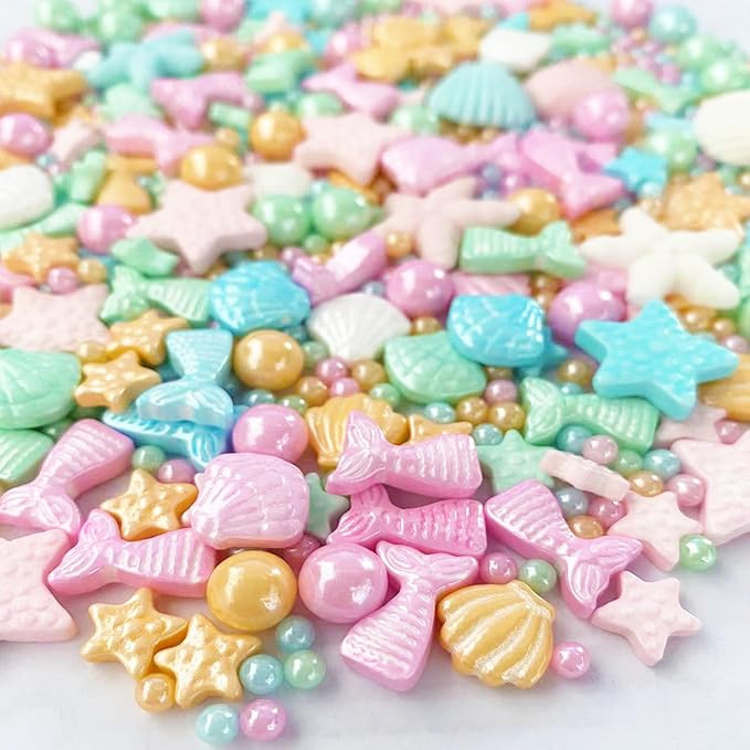 Sentovac Colorful Mermaid Sprinkle Edible Decorating Ocean Sprinkles for Cake Cupcake Topper Cookie Baking Decorations Starfish Shell Pearl Mermaid Candy Mix Mermaid Party Birthday Cake Decorations