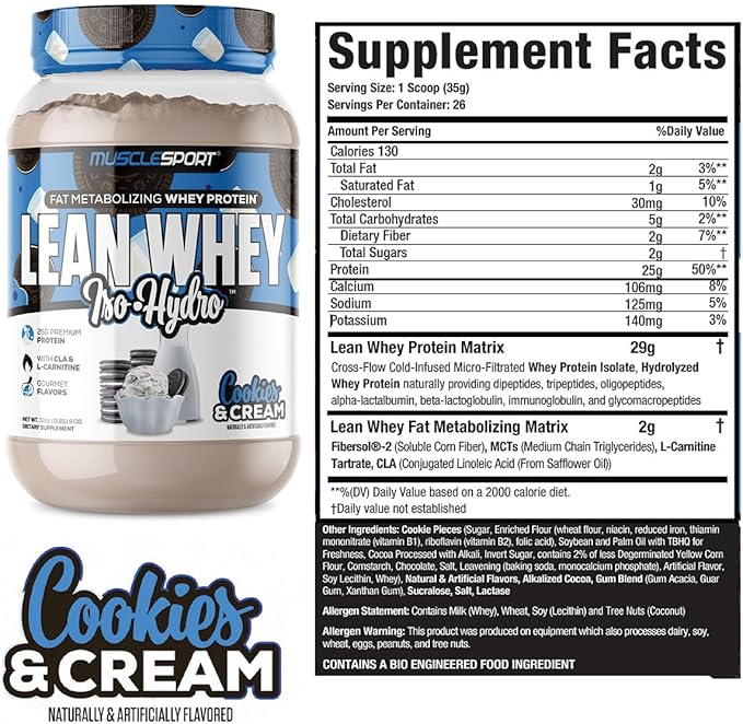 Musclesport Lean Whey Revolution?? Whey Protein Isolate with Hydrolyzed Whey - Low Calorie, Low Carb, Low Fat, Incredible Flavors - 25g Protein per Scoop (2lb, Cookies N Cream)