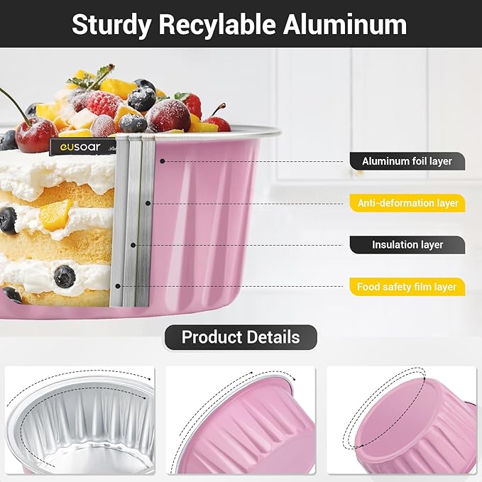 EUSOAR Disposable Ramekins with Lids, 200pcs 5oz Aluminum Foil Cupcake Liners Ramekins Cups for Baking, Dessert Cups Aluminum Cheesecake Pan Creme Brulee Baking Cups for Oven-Pink