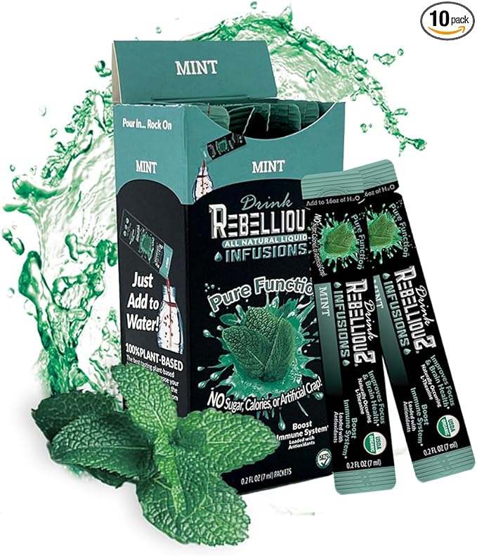 Rebellious Mint Organic Drink Mix ??Organic Zero Calorie Energy Drink Mix | Monk Fruit & Green Tea Extract | L-Theanine + Natural Caffeine | 100% Plant-Based | Pack of 10 | Keto, Kosher, Gluten-Free
