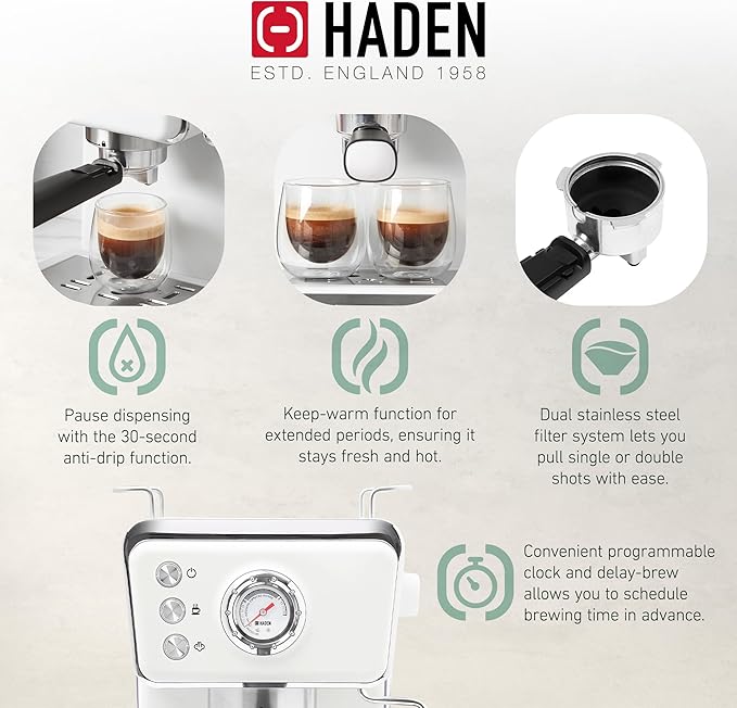 HADEN Barista Brew Espresso Coffee Machine, Stainless Steel Espresso Maker with Milk Frother and Steamer Function and 1.5L Water Tank, Ivory & Copper