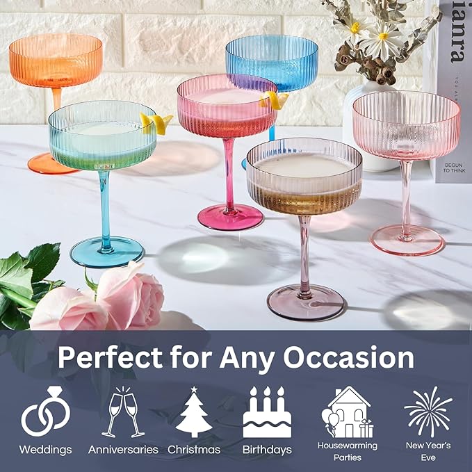 Ribbed Vintage Art Deco Coupe Glasses | 10 OZ Glass, 6-Set | Martini, Champagne & Cocktail Ribbed, Winter Bright Colored Crystal Glassware - Goblet Stemmed Ripple Glassware, Housewarming (Pastel)