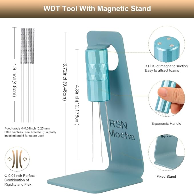WDT Tool Espresso Distribution Tool,Coffee Distribution Tool with Magnetic Stand, Espresso Accessories with 6 Extra ??.25mm Stainless Steel Needles for Barista (Mint Green, ??.25mm)