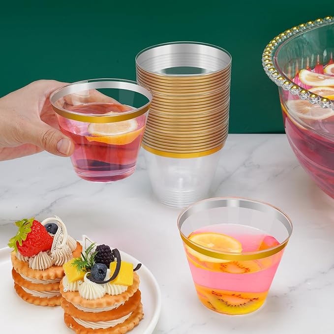 NiHome Large Plastic Punch Bowl with Ladle, Tongs and 25 Gold-Rimmed Cups for Wedding, Birthday, BBQ, Baby Shower, Holiday, 1.7 Gallon Reusable Clear Party Bowl Set for Drinks, Salads, Snacks & More