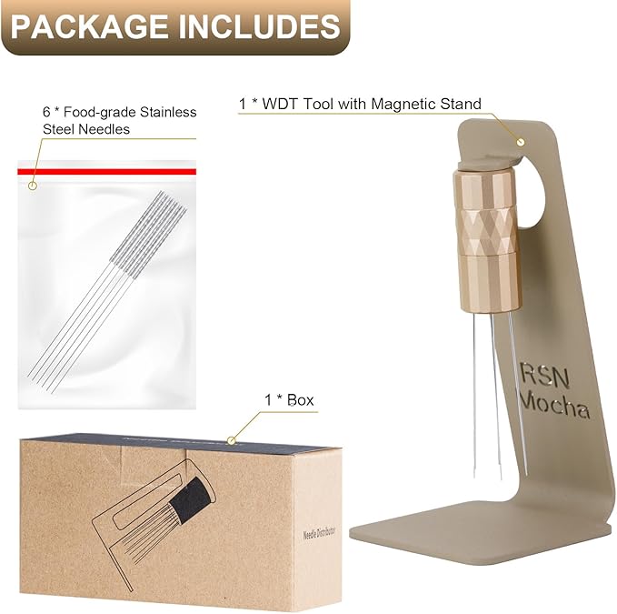 WDT Tool Espresso Distribution Tool, Coffee Distribution Tool with Magnetic Stand, Espresso Accessories with 6 Extra ??.25mm Stainless Steel Needles for Barista (Rich Gold, ??.25mm)