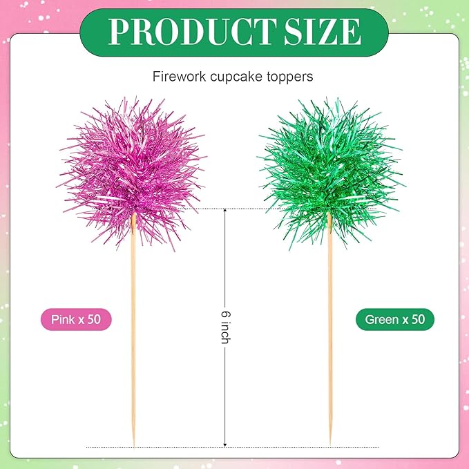 Chinco 100 Pcs Foil Firework Cupcake Toppers Sparkle Tinsel Cake Toppers Cake Decoration Cocktail Fruit Toothpick for Birthday Wedding Graduation Party(Pink, Green)