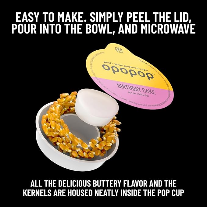 Opopop Microwave Popcorn - Pop Cups Birthday Cake 6-Pack, Non-GMO Gourmet Popcorn Kernels & Popcorn Flavoring, Gluten Free Snacks, Easy to Make and No Mess