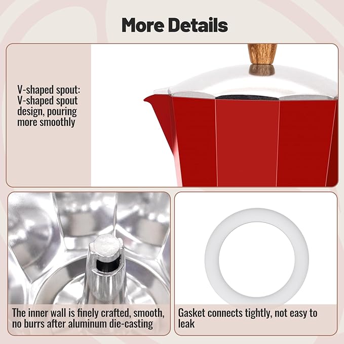 12 Cup Aluminum Moka Pot Classic Stovetop Espresso Coffee Maker 600ml 20oz Coffeemaker Percolator Mocha Pot Greca Coffee Maker Cafe Makers for Italian and Cuban Cafì±?Brewing Red
