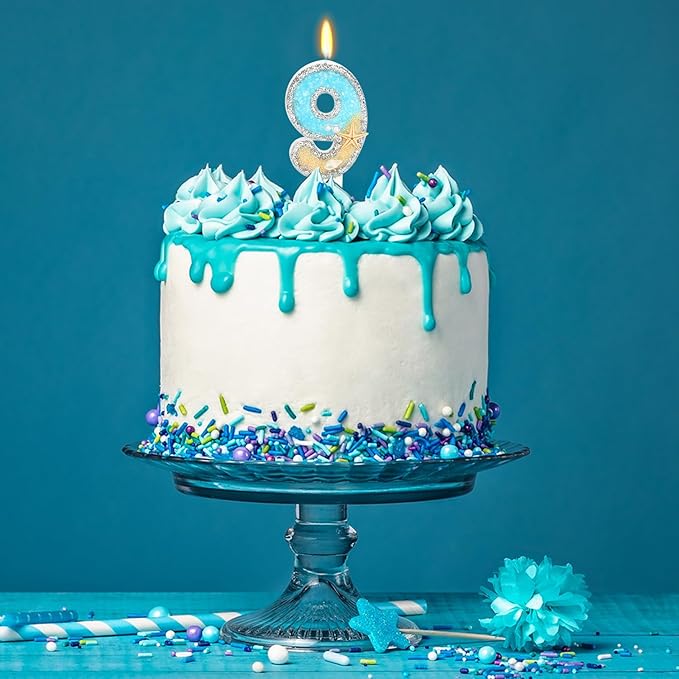 9th Birthday Candle for Cake, Beach Starfish Sequins Candles, 2.76 inch Cake Topper Decoration for Birthday Party (Number 9)